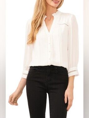 CeCe Pintuck Ruffle Button-Up Top NEW IVORY, Size Medium